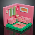 Cute Cartoon Room Scene With Pink Sofa Green Carpet Clock Curtains And Decorative Elements