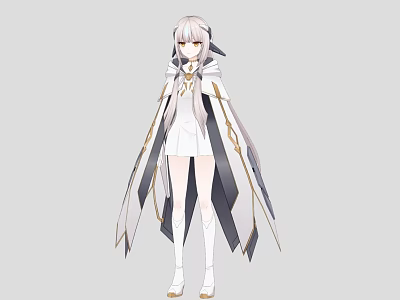 Anime Fantasy Game Character With Silver White Hair White Outfit And Elegant Long Flowing Cape 3d model