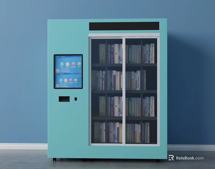 Light Blue Public Book Vending Machine With Transparent Door And Touch Screen 3d model