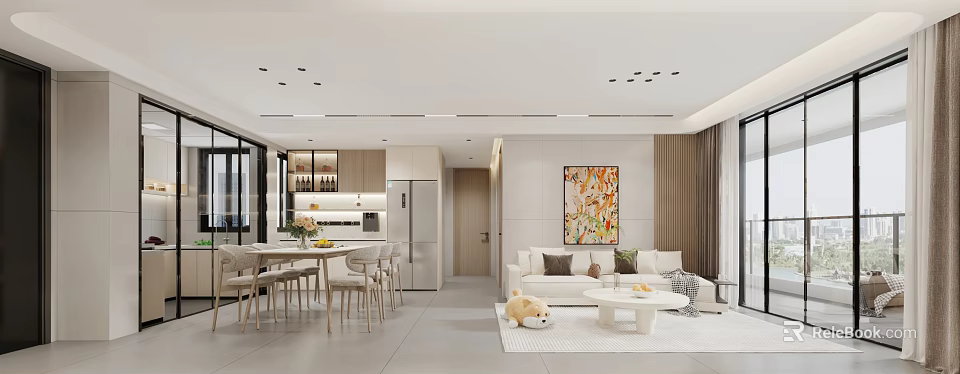 Modern Dining and Living Room Interior With Dining Table Sofa Artwork Rug And Chairs 3d model