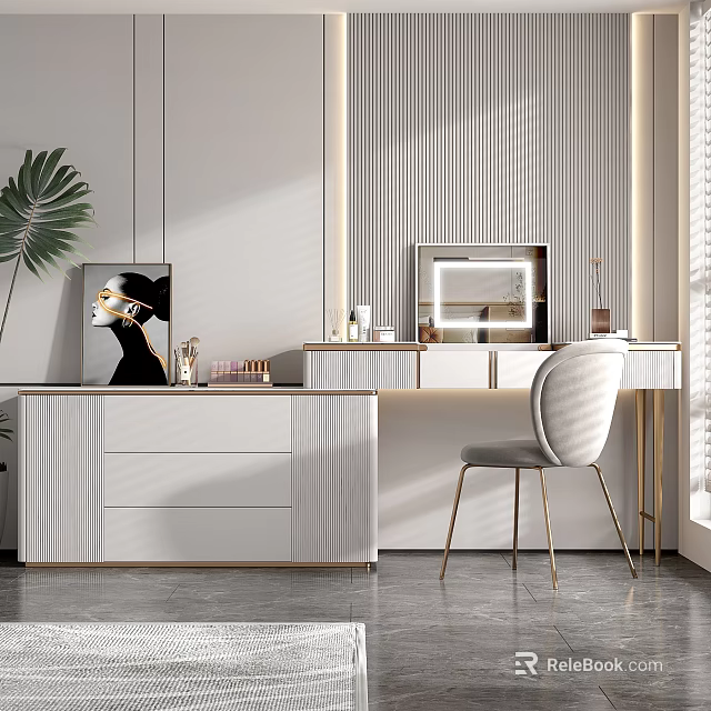 Elegant Modern Dressing Table Interior With White Drawers Mirror Chair And Green Plant 3d model 