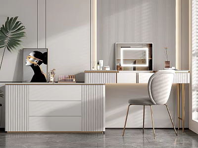 Elegant Modern Dressing Table Interior With White Drawers Mirror Chair And Green Plant 3d model