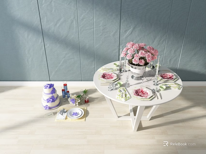 Elegant Dinnerware Set on White Round Table with Pink Flowers Vase Plates Cutlery and Napkins 3d model 