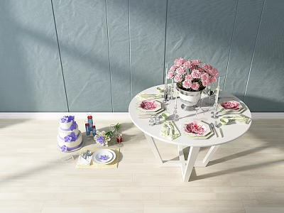 Elegant Dinnerware Set on White Round Table with Pink Flowers Vase Plates Cutlery and Napkins 3d model