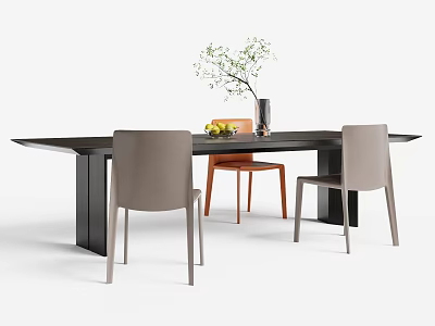 Modern Black Dining Table Set With Three Gray And Orange Chairs And Fruit Decor Vase 3d model