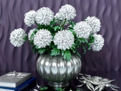 White Flowers In Silver Vase With Green Leaves And Decorative Books On Stylish Table 3d model