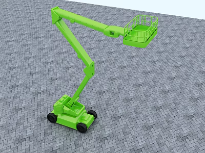 Green Industrial Aerial Work Platform with Extendable Arm Basket and Wheels on Gray Brick Floor 3d model