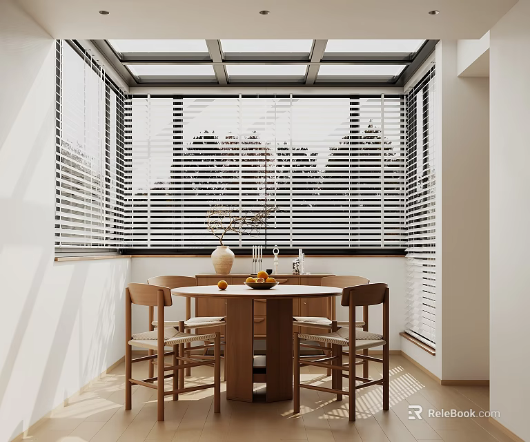 Minimalist Restaurant Interior With Round Table Wooden Chairs Large Window Blinds And Bright Light 3d model 