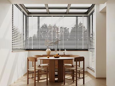 Minimalist Restaurant Interior With Round Table Wooden Chairs Large Window Blinds And Bright Light 3d model