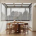 Minimalist Restaurant Interior With Round Table Wooden Chairs Large Window Blinds And Bright Light