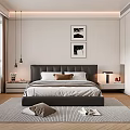 Modern Bedroom Interior With Dark Headboard Bed Nightstands Wall Art Large Windows And Rug