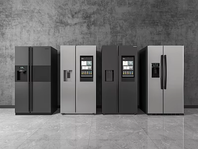Modern Side by Side Refrigerators in Black Silver with Smart Displays in Contemporary Interior 3d model