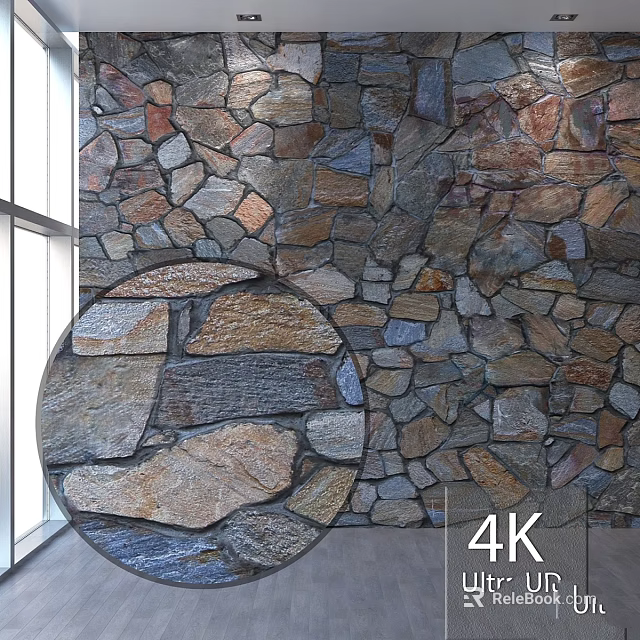 Natural Stone Wall Construction With Circular Decoration And Window In 4K 3d model