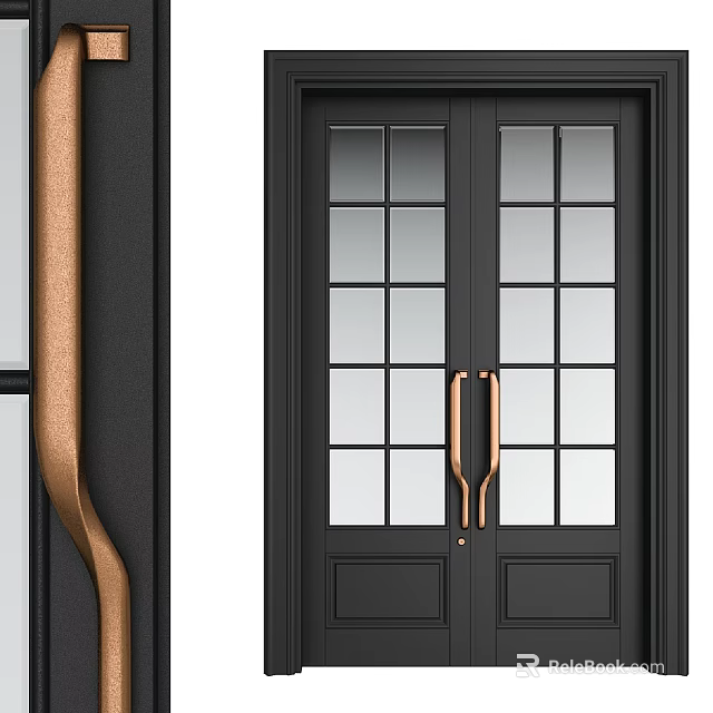 Black Double Doors With Glass Panes And Brass Handles For Home Entrance 3d model 