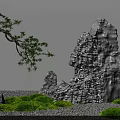 Traditional Karesansui Zen Garden With Rock Formations Moss Gravel And Pine Branch