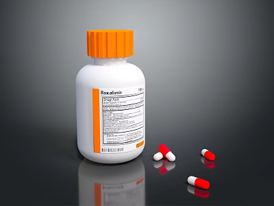 Medical Device Medicine Bottle With White Body Orange Cap Label And Red White Capsules 3d model