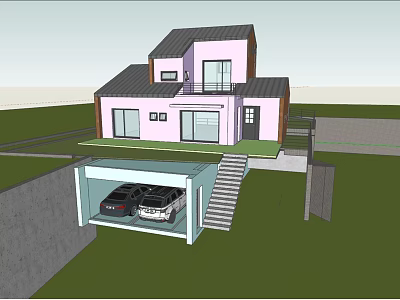 Detached House With Pink Exterior Gray Roof Underground Garage Two Cars Staircase And Green Lawn 3d model
