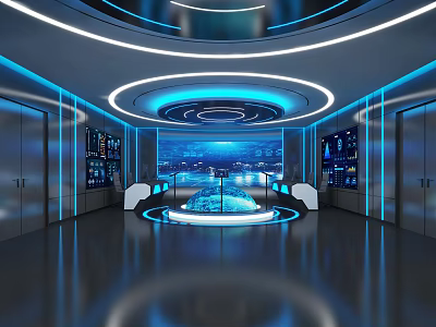 High Tech Monitoring Room Interior Design With Multiple Screens And Control Panels 3d model