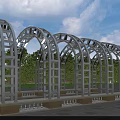 Modern White Pergola with Arched Structure in Garden with Green Trees and Benches