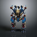 Futuristic Blue And Gold Mechanical Robot With Multiple Limbs And Metallic Armor Design