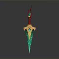 Ornate Mythical Sword With Red Hilt Golden Accents And Vibrant Green Blade Design