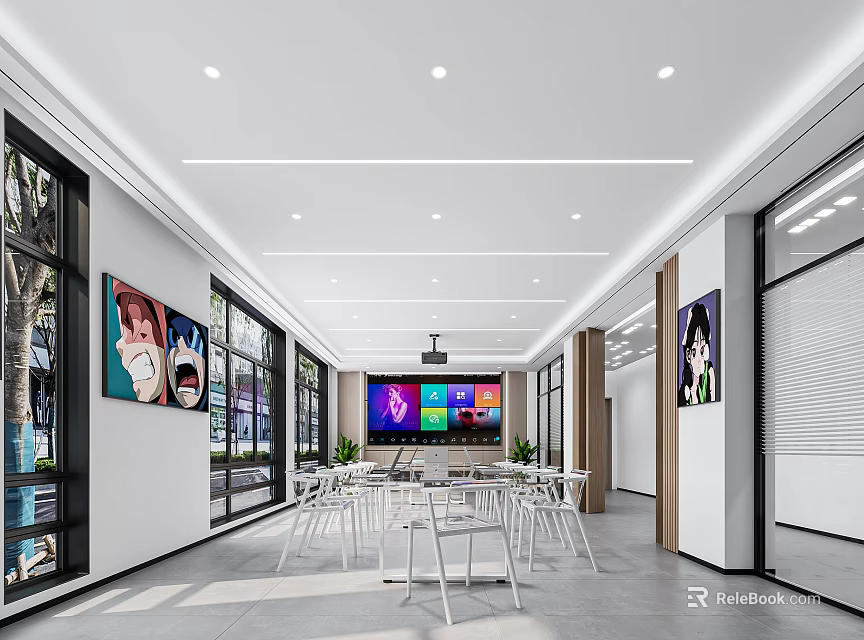 Modern Conference Room Interior With Large Screen White Chairs Decorative Paintings And Windows 3d model 
