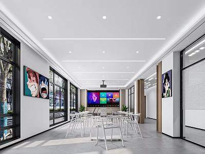 Modern Conference Room Interior With Large Screen White Chairs Decorative Paintings And Windows 3d model