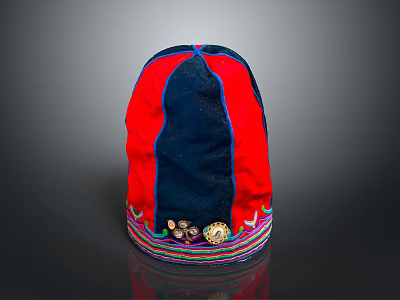 Traditional Red And Blue Hat With Colorful Trim And Circular Ornaments 3d model