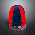 Traditional Red And Blue Hat With Colorful Trim And Circular Ornaments