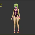 3D Female Character With Orange Long Hair Black Swimsuit Accessories Sandals And Gray Background