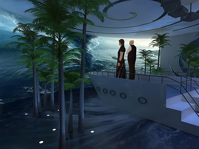 People Standing On Platform With Palm Trees And Ocean Background Design 3d model