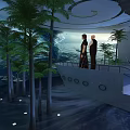 People Standing On Platform With Palm Trees And Ocean Background Design 3d model