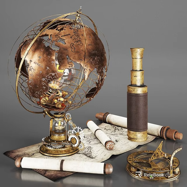 Vintage Decorative Ornament Set with Globe Telescope and Scrolls for Home Decor 3d model 