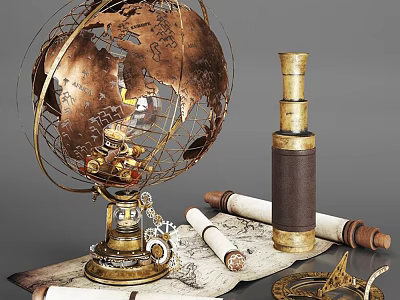 Vintage Decorative Ornament Set with Globe Telescope and Scrolls for Home Decor 3d model