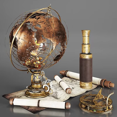 Vintage Decorative Ornament Set with Globe Telescope and Scrolls for Home Decor 3d model