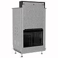 Modern Freestanding Fireplace With Gray Metal Exterior And Black Glass Door