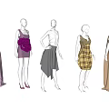 Fashion Clothing Mannequins Display Purple Grey Brown And Plaid Dresses Skirts And Gowns