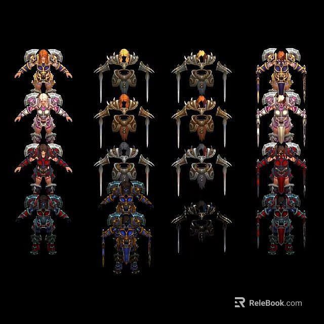 Tech Exhibition Hall Showcasing 3D Armor And Weapon Models With Various Designs And Colors 3d model