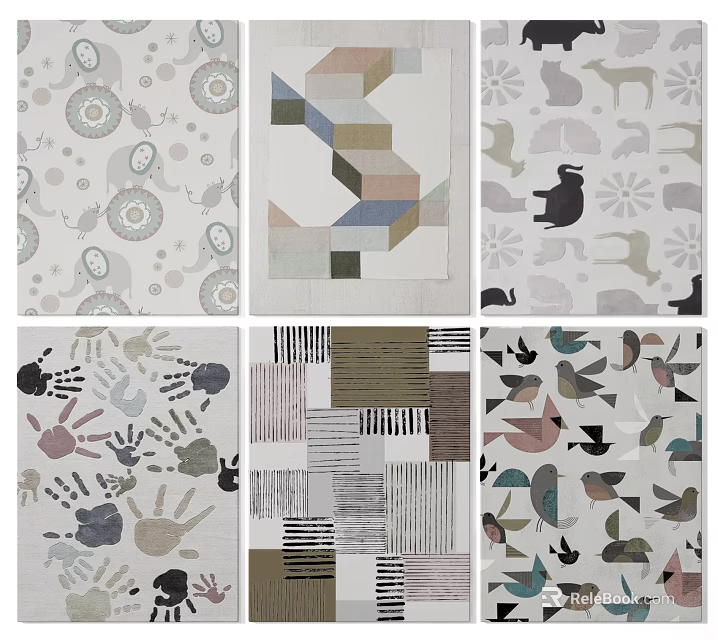 Square Rugs With Various Patterns Including Geometric Animal And Handprint Designs 3d model