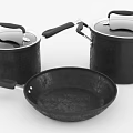 Black Kitchen Cookware Set Featuring Gas Stove Burners Lidded Pots And Frying Pan