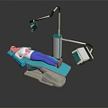 Dental Clinic Treatment Scene Patient Lying On Blue Dental Chair With Medical Light And Monitor