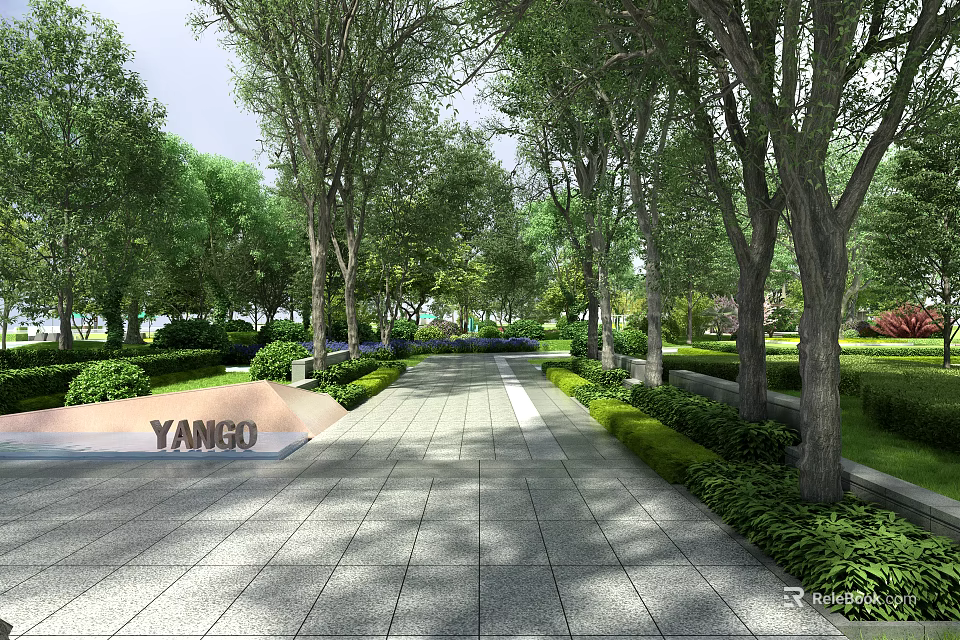Garden Landscape with Wide Stone Path Lined by Tall Trees Well-Trimmed Greenery and YANGO Stone Monument 3d model 