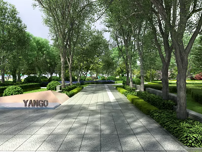 Garden Landscape with Wide Stone Path Lined by Tall Trees Well-Trimmed Greenery and YANGO Stone Monument 3d model