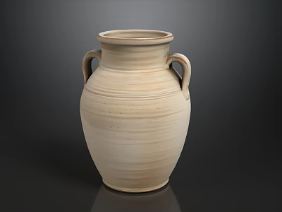 Cream Colored Ceramic Vase With Two Handles And Striped Design For Home Decor 3d model