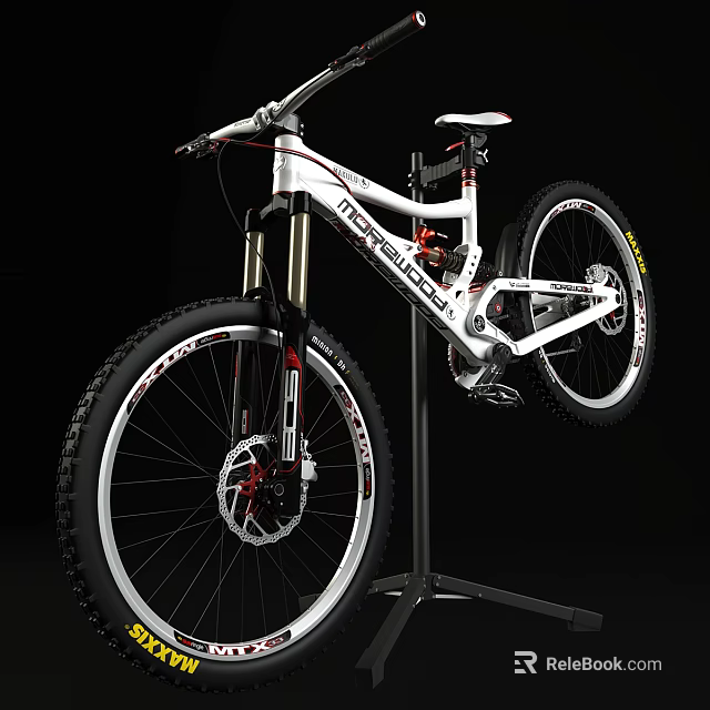 White MARMOT Mountain Bike With Red Accents Black Stand And Large Tires 3d model 