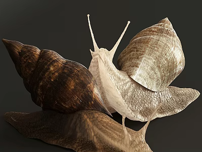 Closeup View Of Two Snail Reptiles With Textured Shells And Soft Bodies On Dark Background 3d model