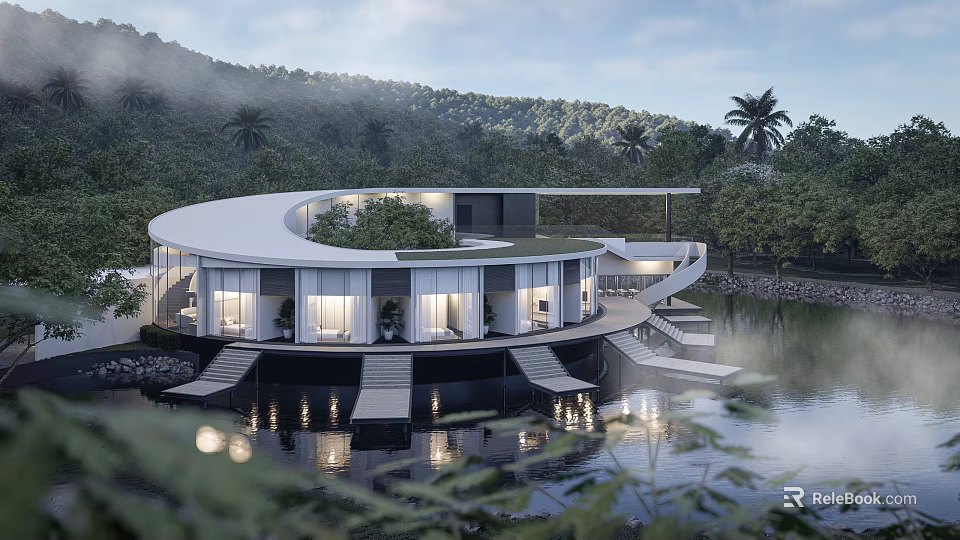 Modern Detached Villa on Water with Curved Glass Structure Surrounded by Trees and Mountain View 3d model 