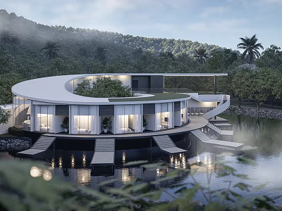 Modern Detached Villa on Water with Curved Glass Structure Surrounded by Trees and Mountain View 3d model