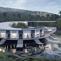 Modern Detached Villa on Water with Curved Glass Structure Surrounded by Trees and Mountain View