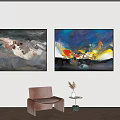 Abstract Paintings Hanging On Wall In Modern Interior With Brown Chair Table And Green Plant